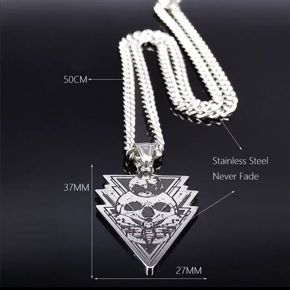 Men’s Stainless Steel Skull Moth Moon Necklace - Picture 4 of 7